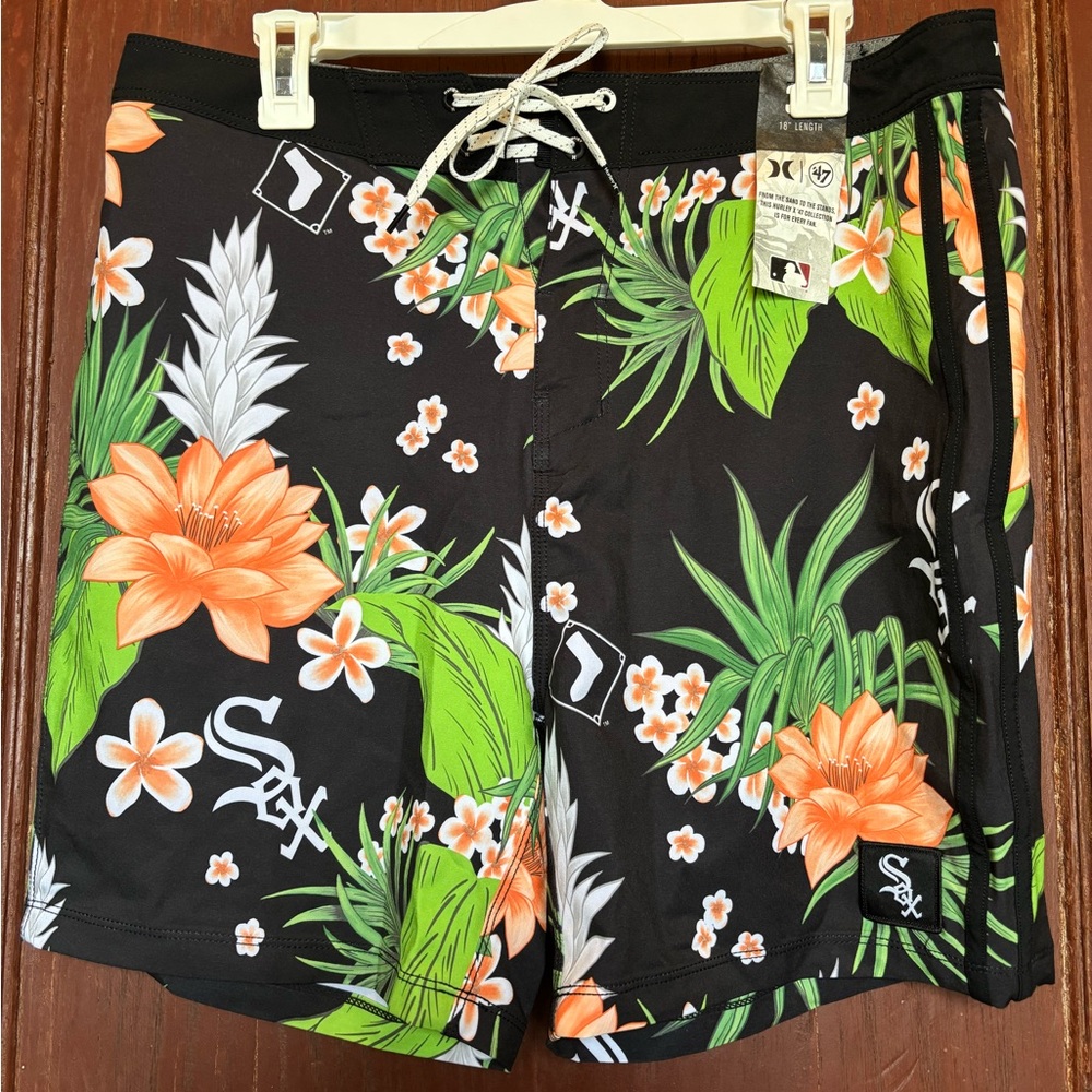 NWT Hurley x ‘47 Phantom White Sox Black and Orange Floral Men's Board Shorts